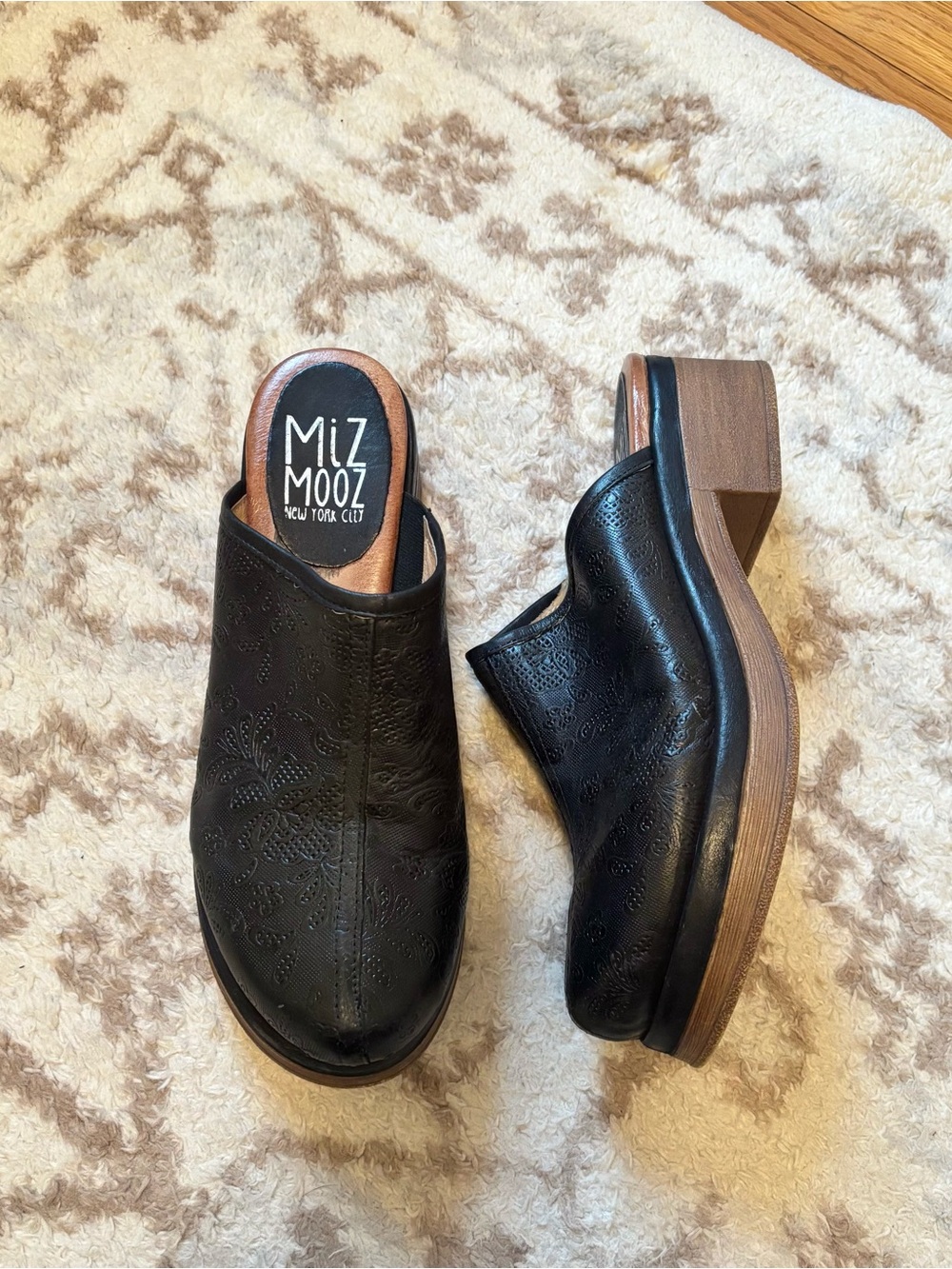 Miz Mooz Lunea Floral Embossed Clog Slip On Leather Wood Platform Black